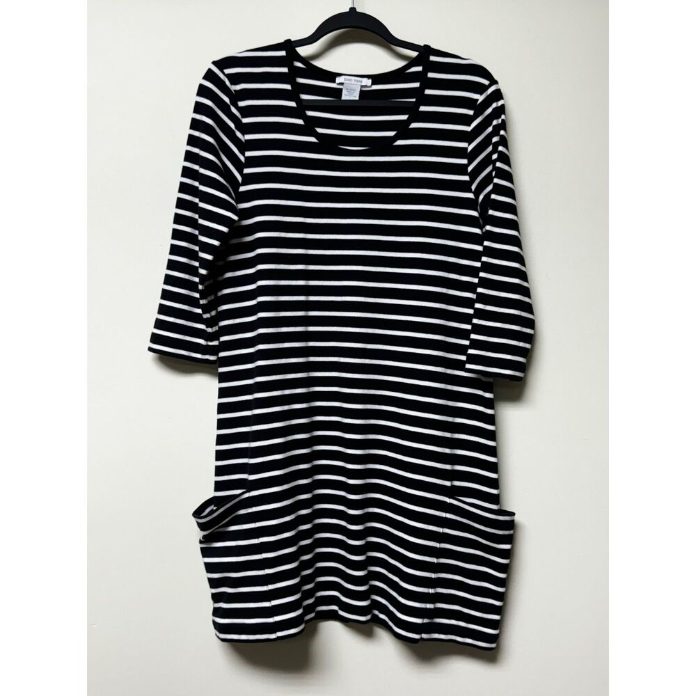 JOAN VASS Classic Black/White Striped Cotton Tunic With Pockets, Sz 1 (8-10)